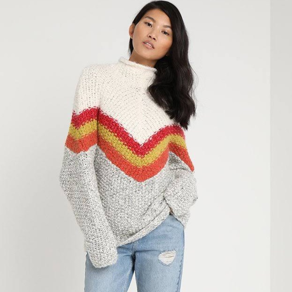 Free People Turn Around Sweater Ivory Grey Combo With Red, Yellow, Orange.